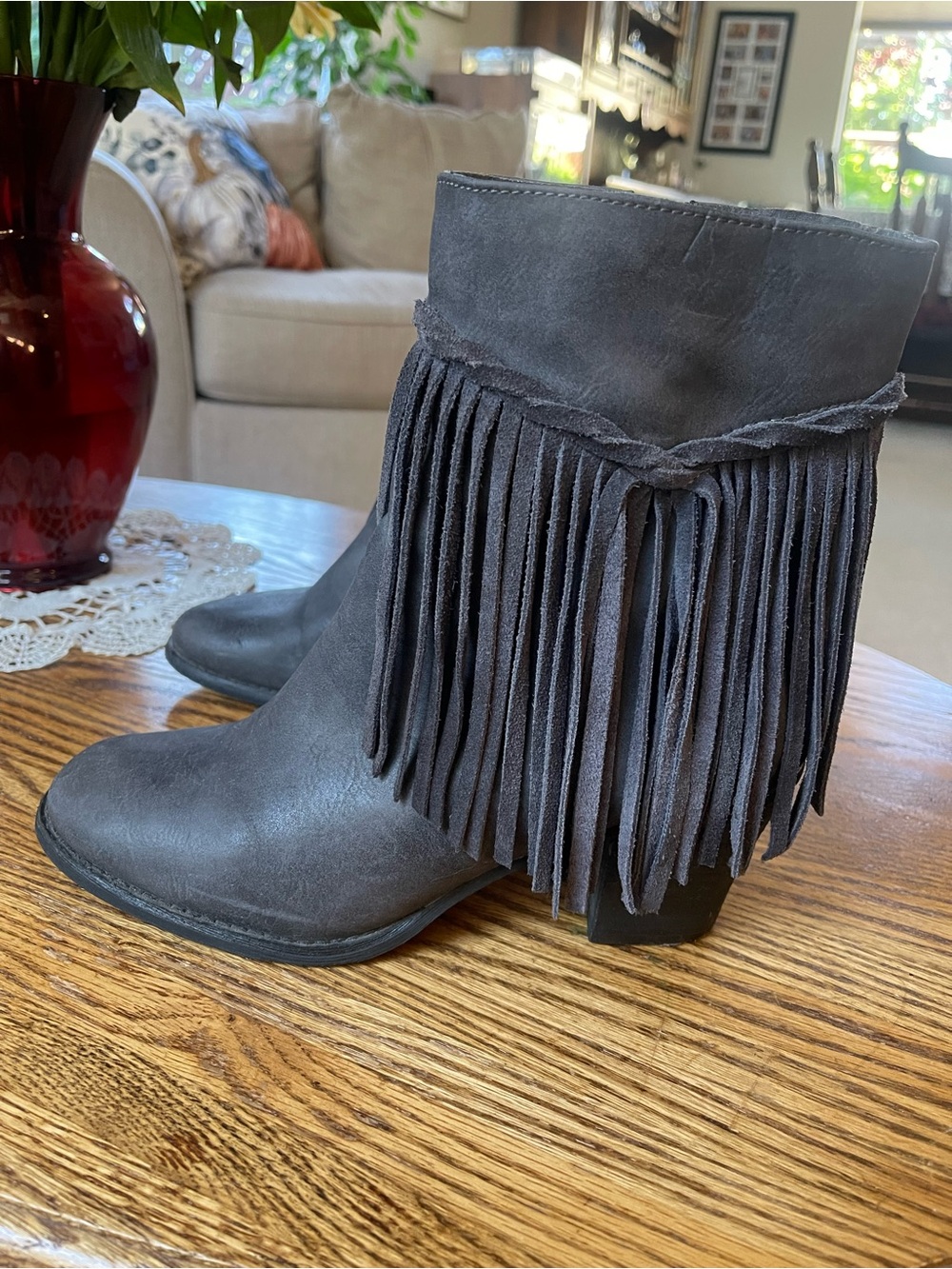 Sbicca Charcoal Fringe Suede Ankle Boots